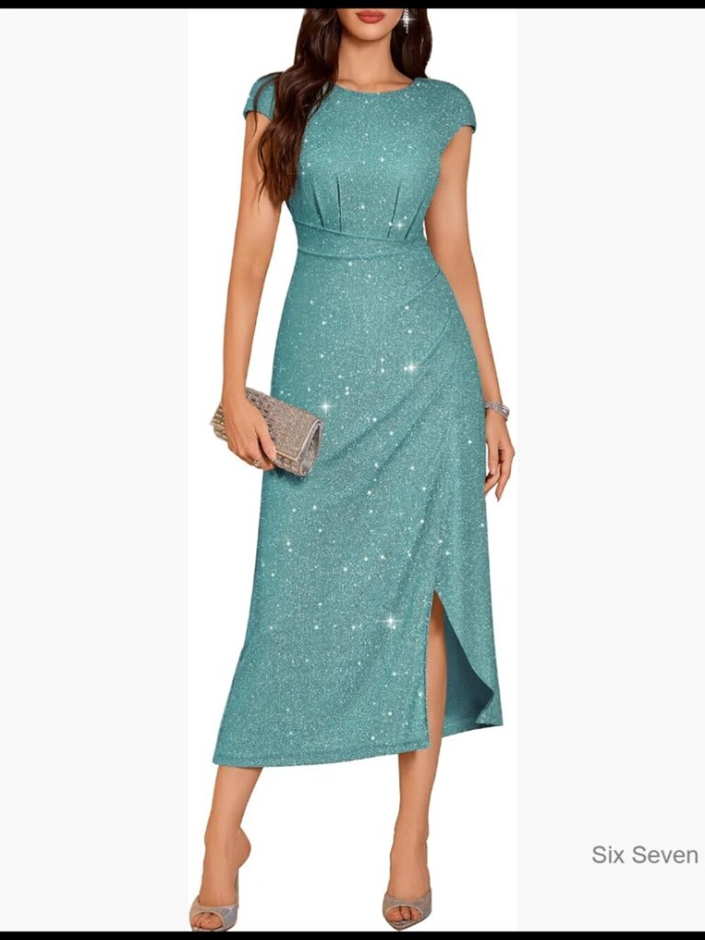 Sequin Glitter Maxi Dress with Ruched Wrap and Slit Hem